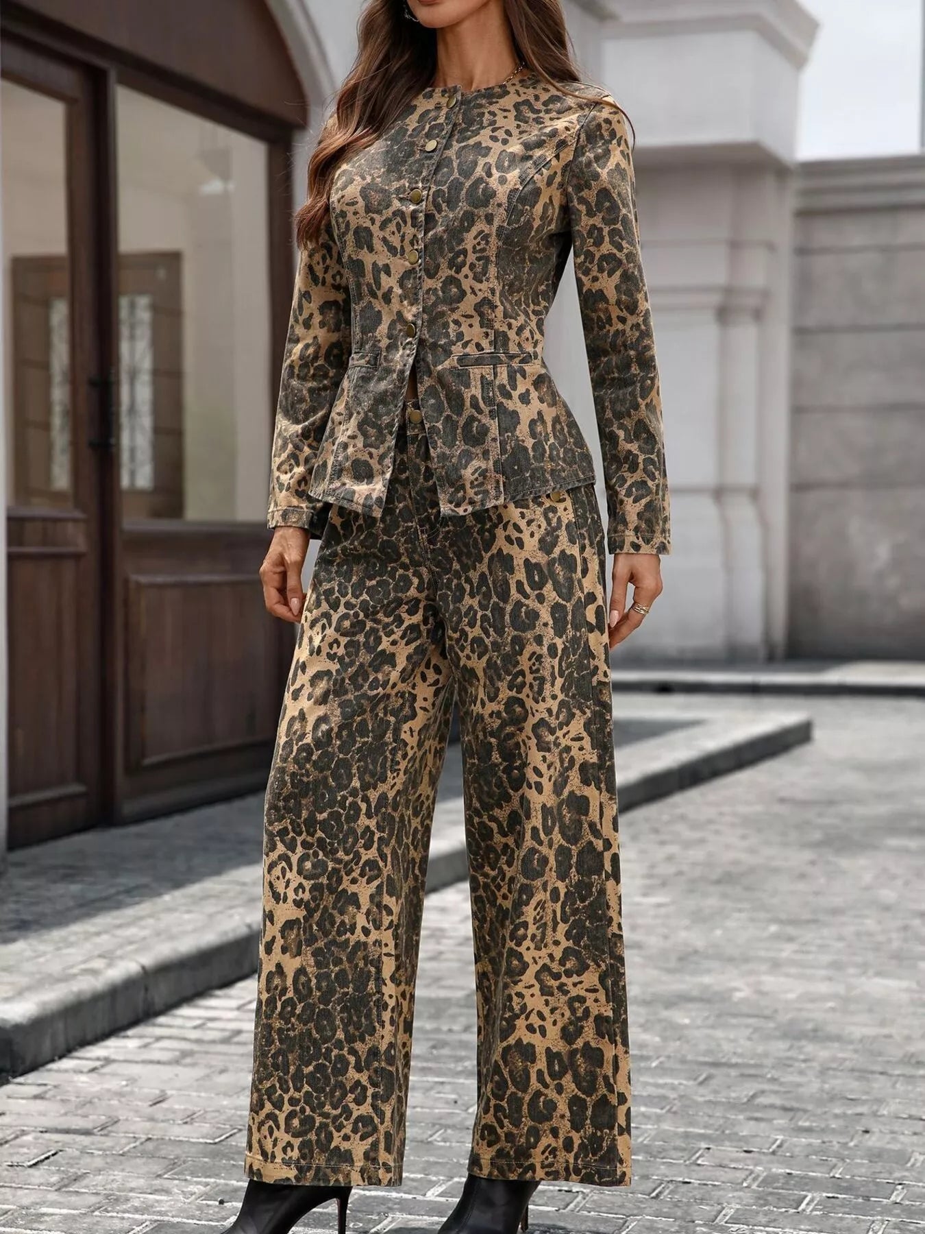 Button Up Long Sleeve Top and Jeans Denim Set Leopard OutfitFlow