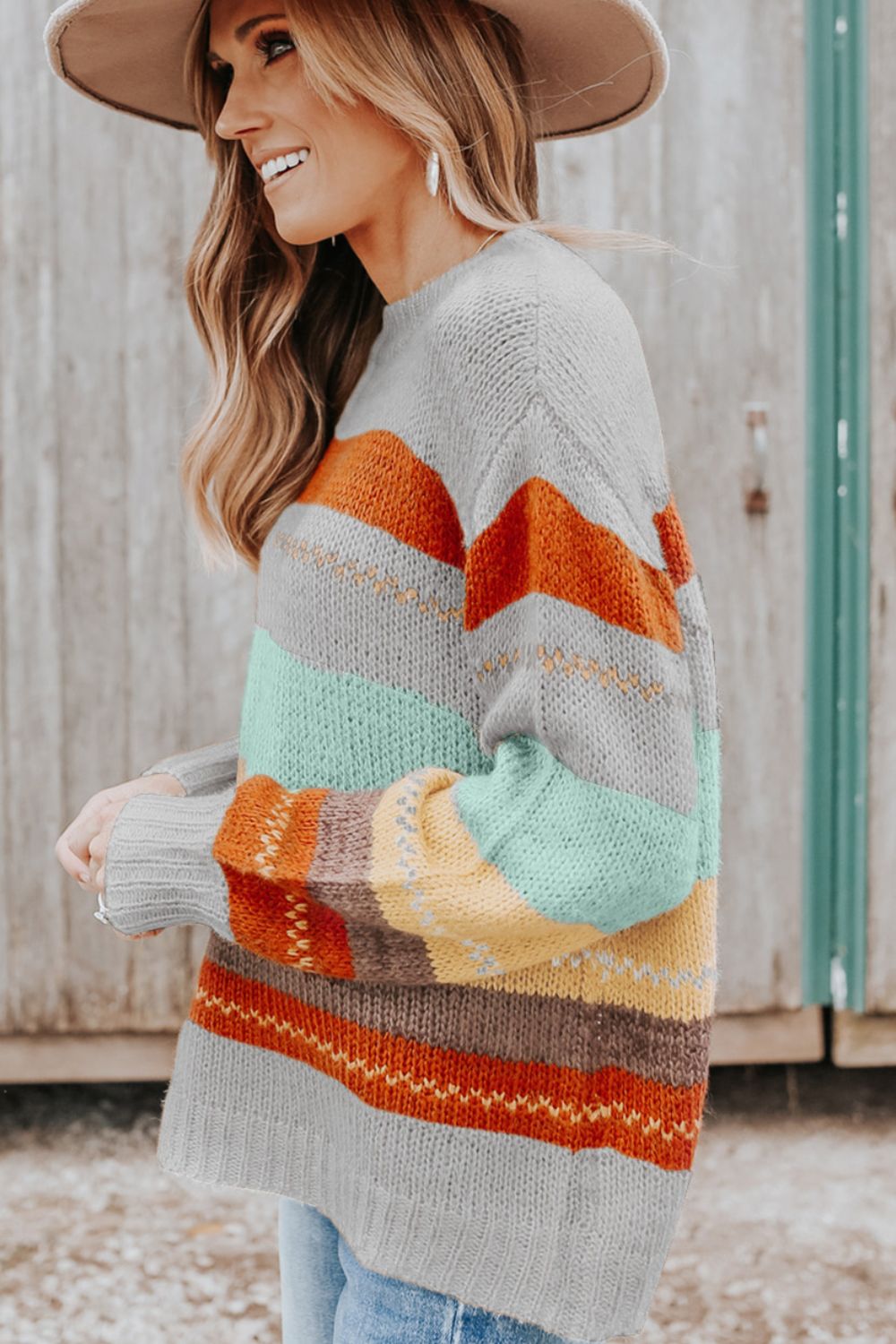 Outfit Flow - Color Block Round Neck Dropped Shoulder Sweater