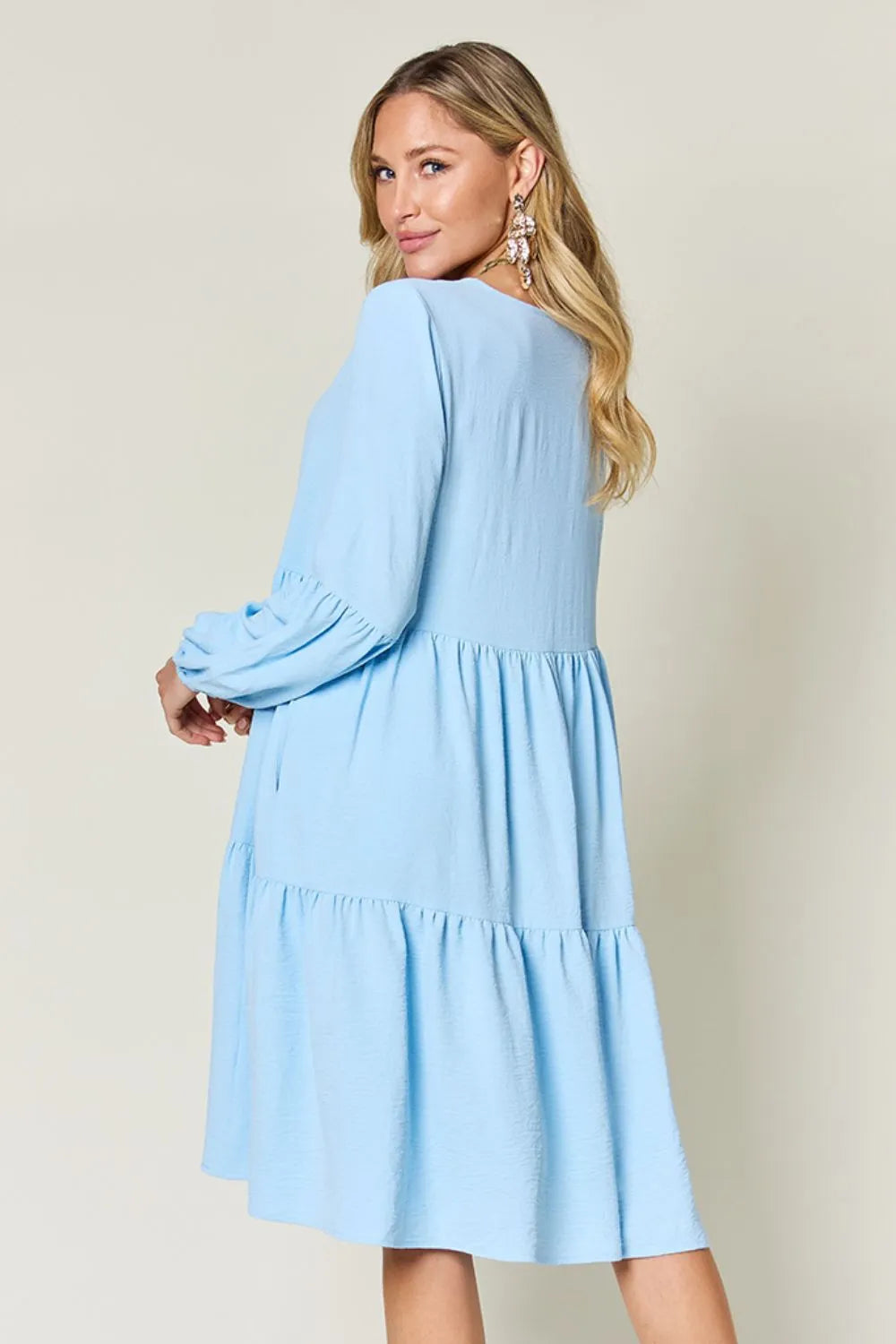 Double Take Full Size V-Neck Balloon Sleeve Tiered Dress with Pockets OutfitFlow