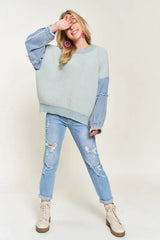 ADORA Plus Size Frayed Denim Sleeve Sweater Top OutfitFlow