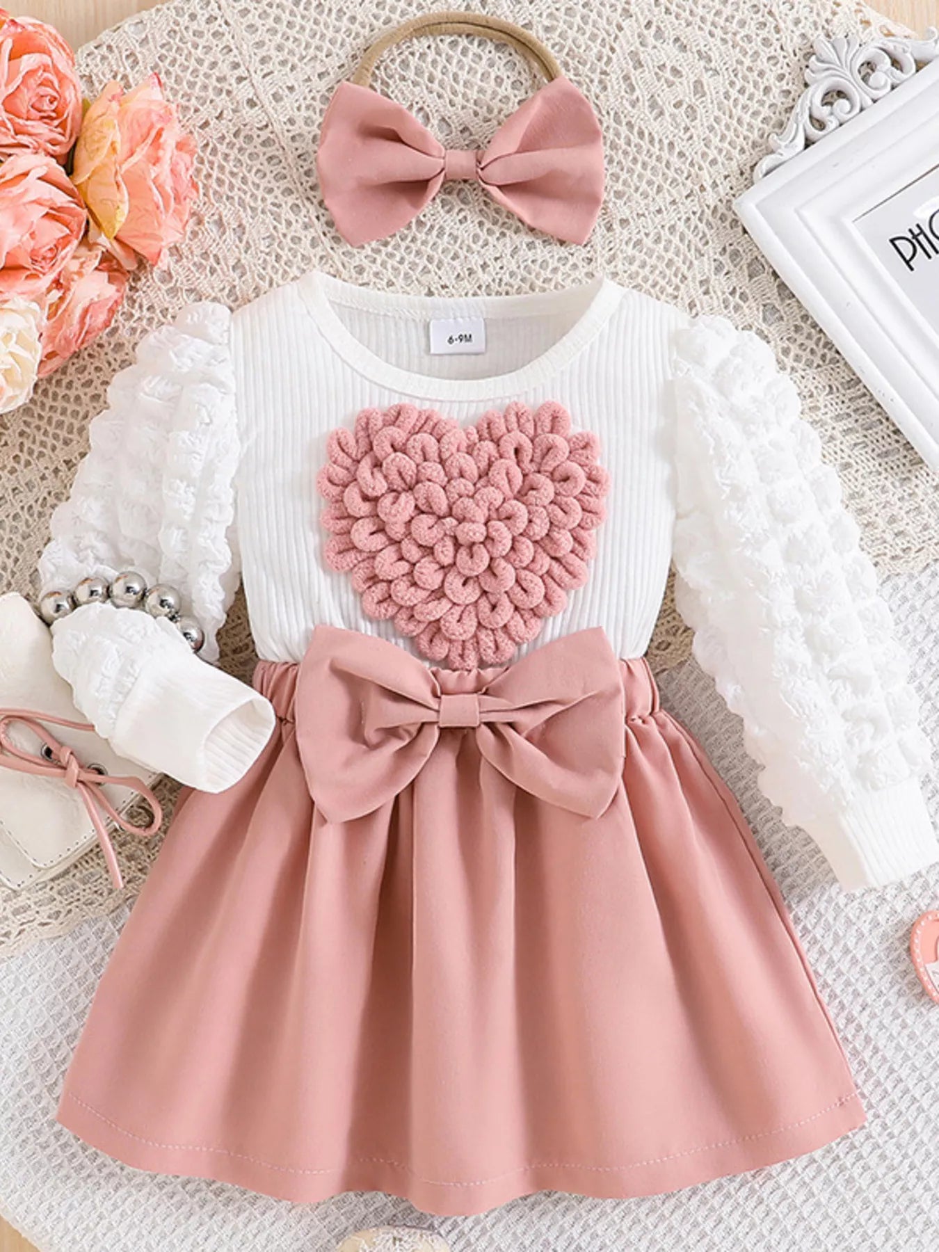 Children's Heart Bowknot Decor Dress with Headband Pink Trendsi