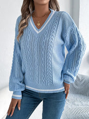 Cable Knit V-Neck Long Sleeve Sweater OutfitFlow