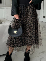 Leopard Print Tulle Midi Skirt Trendsi
