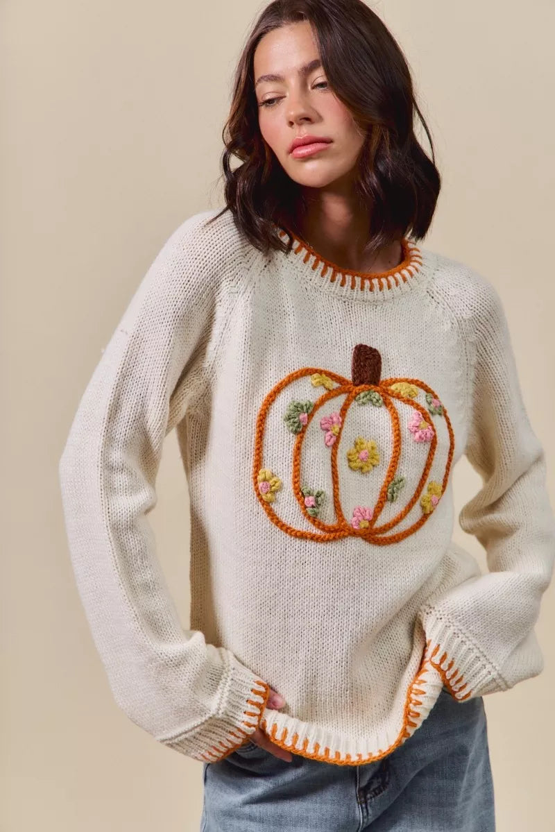 SO ME Pumpkin Floral Embroidered Thanksgiving Sweater OutfitFlow