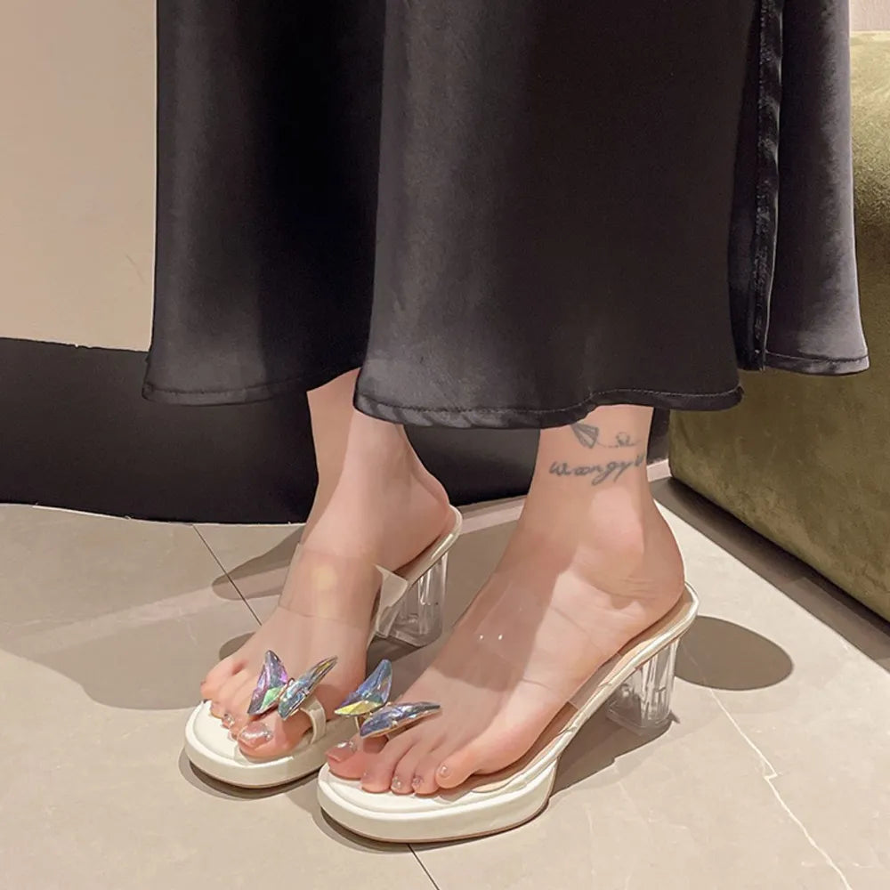 Toe Loop Block Heels Sandals Beige OutfitFlow