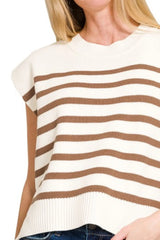 Zenana Oversized Crew Neck Stripe Sweater Vest OutfitFlow