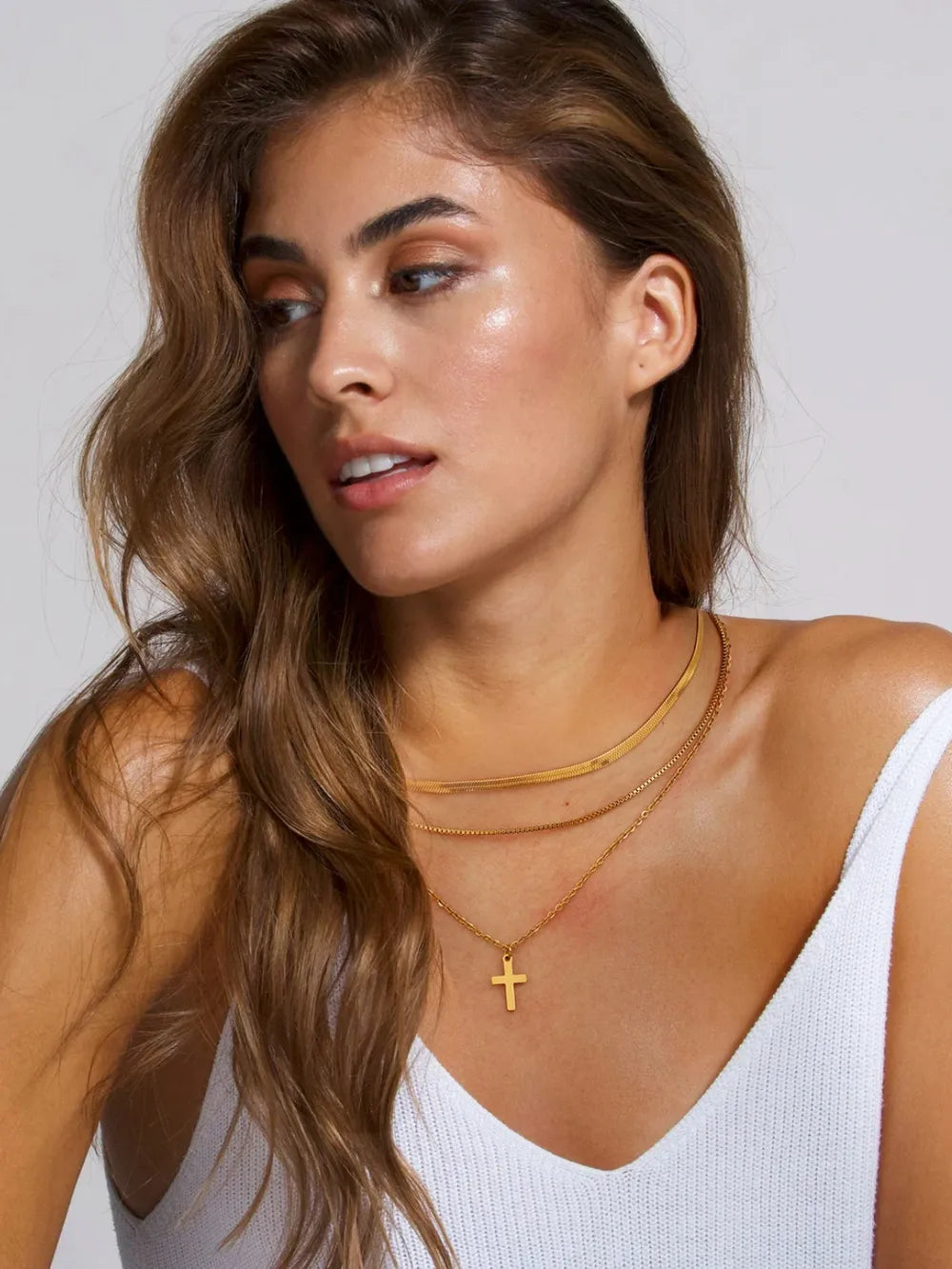 18K Gold-Plated Three-Layered Cross Necklace OutfitFlow