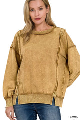Zenana Acid Wash French Terry Exposed-Seam Sweatshirt CAMEL OutfitFlow