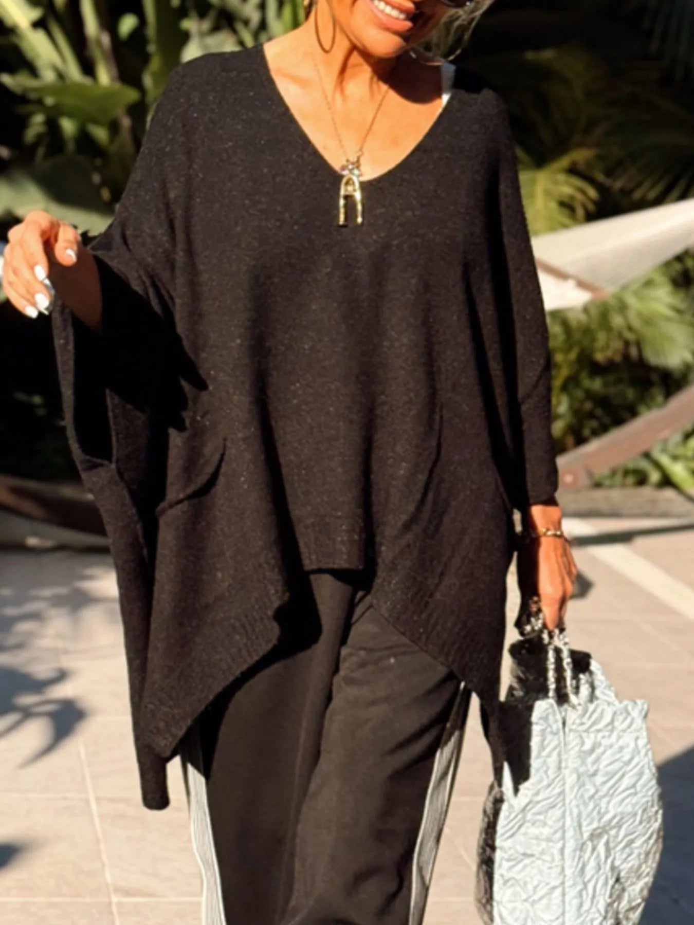 Ribbed Hem V-Neck Sweater Black OutfitFlow