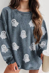 Glitter Ghost Round Neck Long Sleeve Sweatshirt French Blue OutfitFlow