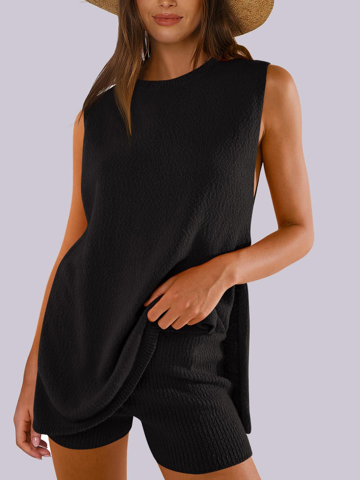 Outfit Flow - Mandy Side Slit Round Neck Tank and Shorts Sweater Set