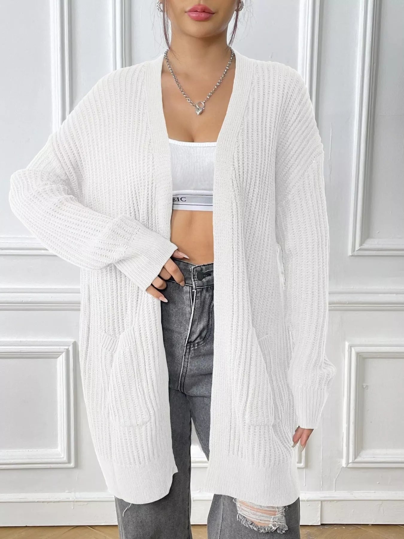Open Front Drop Shoulder Cardigan OutfitFlow