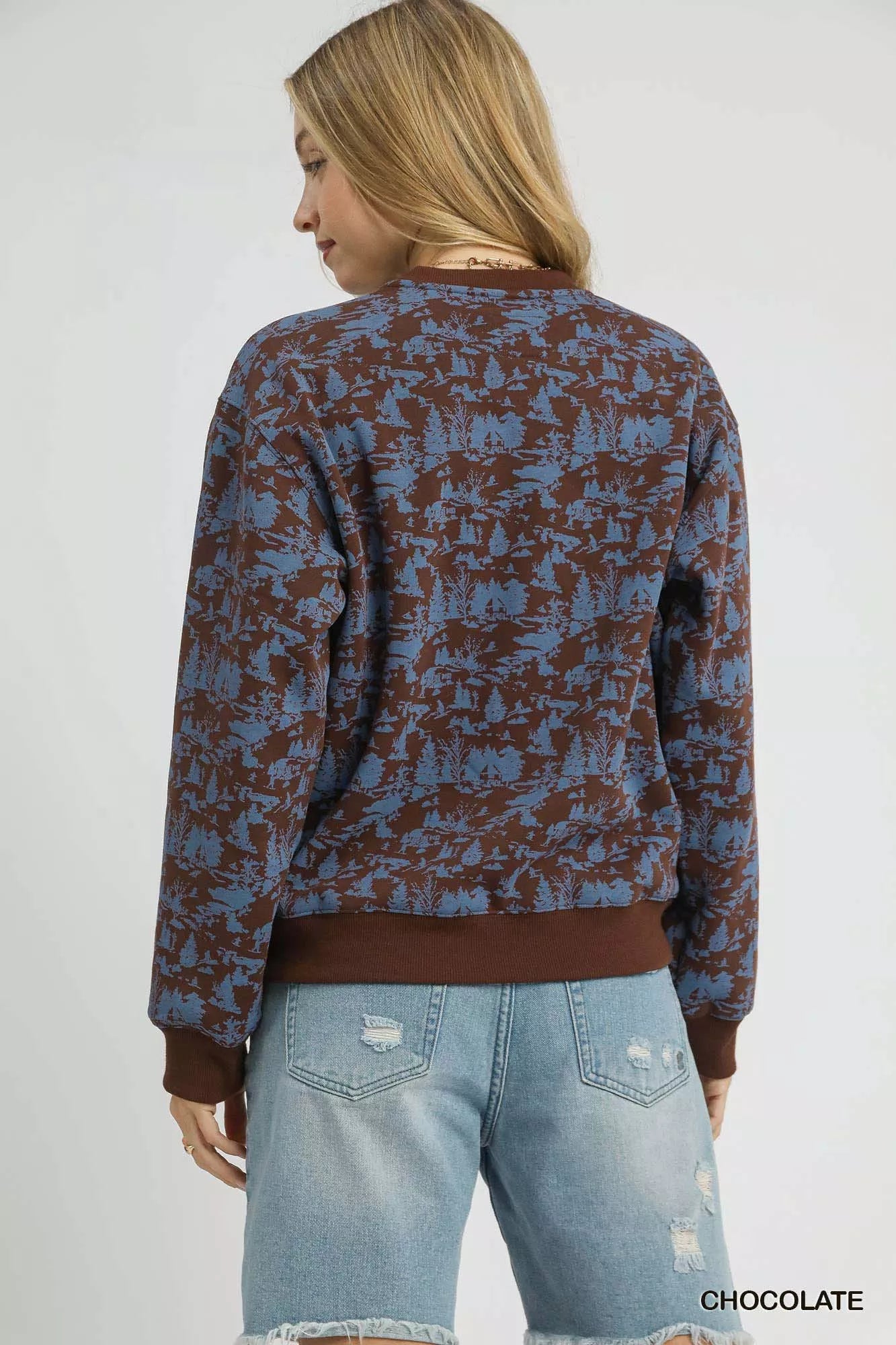 Umgee Scenic Print Cropped Sweatshirt OutfitFlow