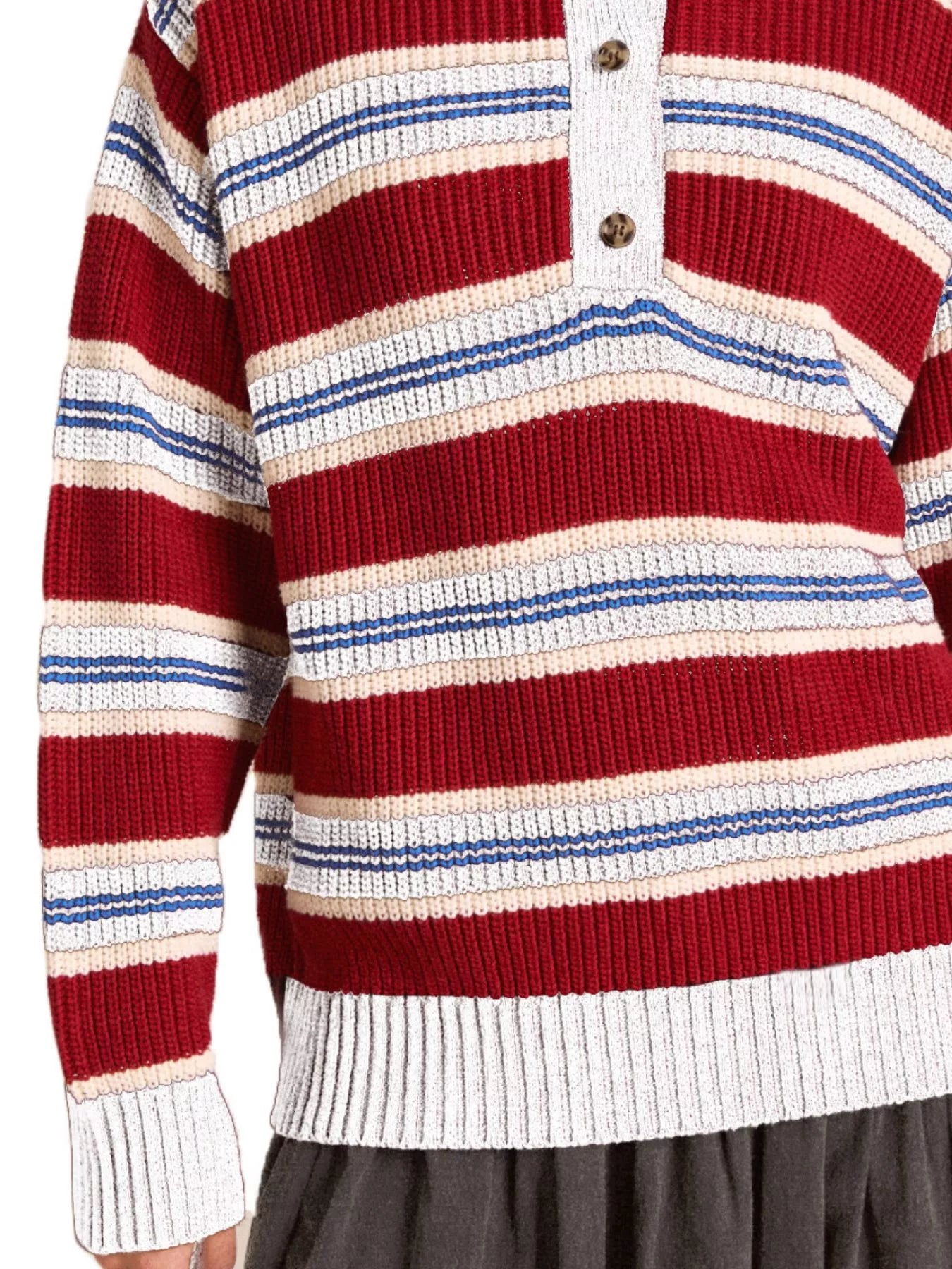 Striped Button Detail Polo Collar Sweater OutfitFlow