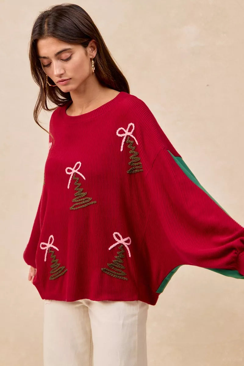 BiBi Christmas Theme Tree Embroidered Sweater OutfitFlow