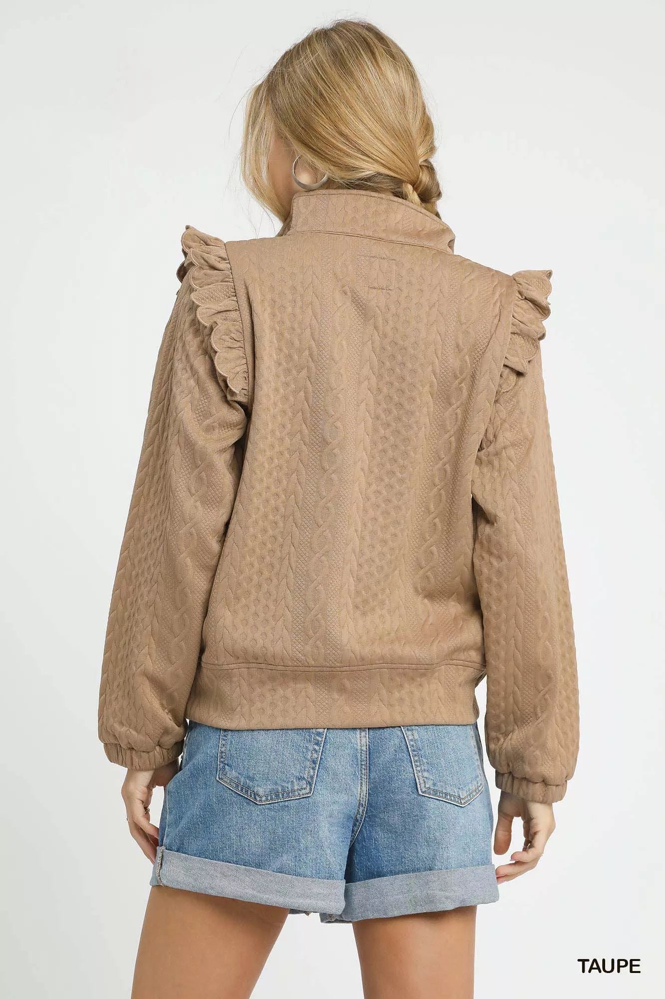 Umgee Cable Knit Textured Pullover with Ruffle Shoulders OutfitFlow
