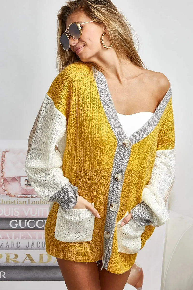 BiBi Color Block Sweater Cardigan with Button Closure OutfitFlow