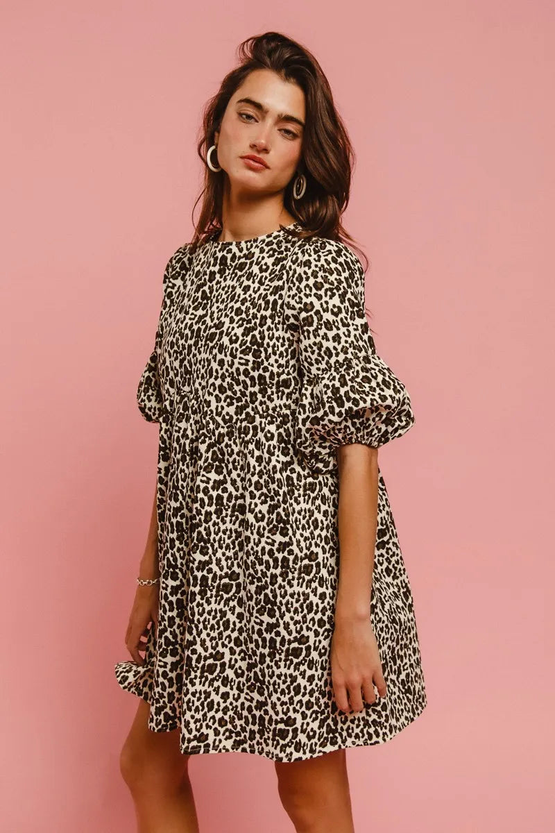 BiBi Leopard Denim Dress With Back Contrast Tie Detail OutfitFlow