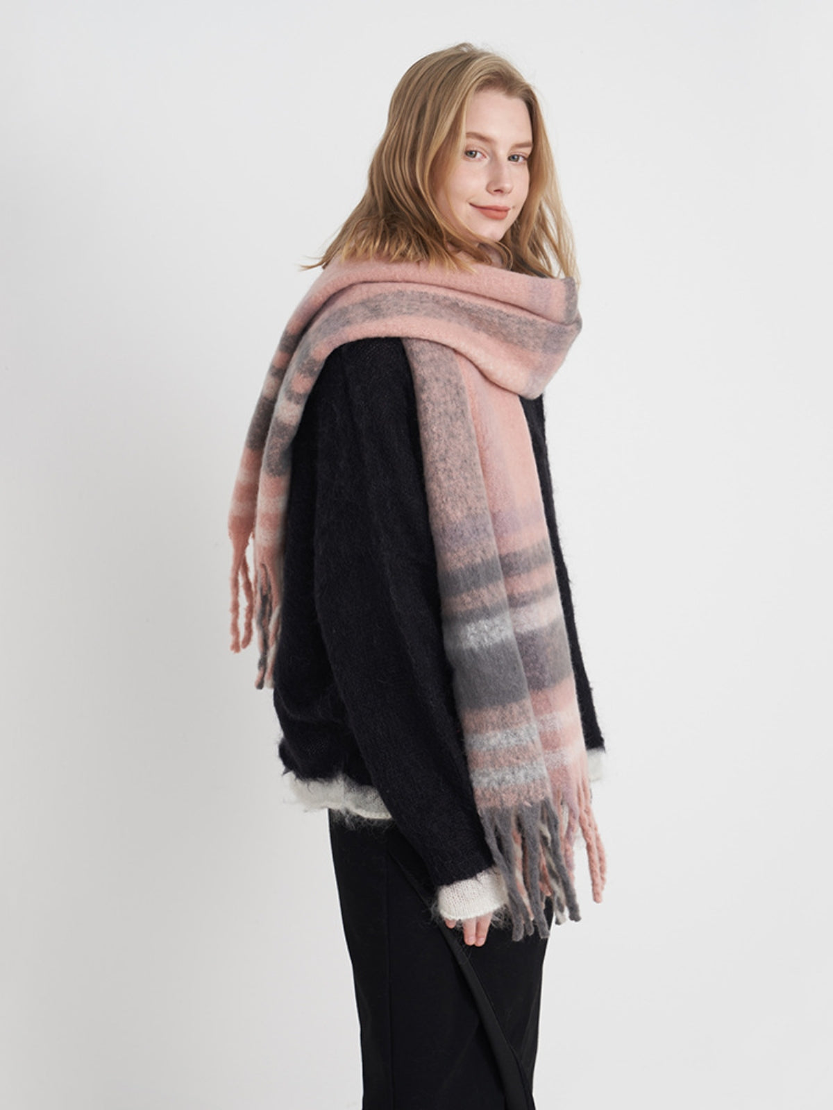 Fringe Plaid Polyester Scarf