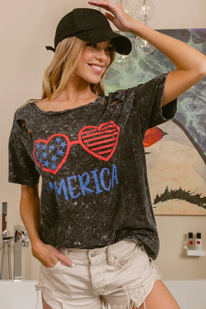 BiBi 4th Of July Theme Mineral Washed Laser Cut Top OutfitFlow