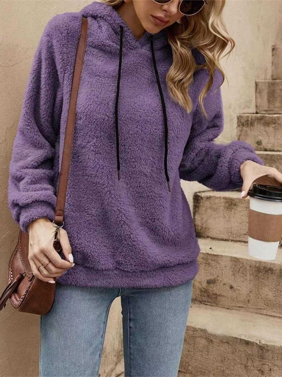 Outfit Flow - Drawstring Long Sleeve Fuzzy Hoodie