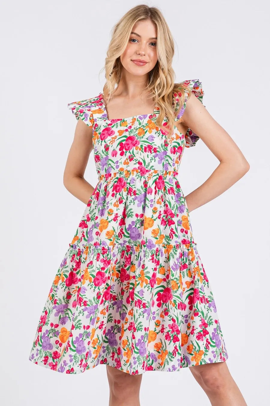 Mittoshop Flower Print Ruffle Shoulder A-line Mini Dress OutfitFlow