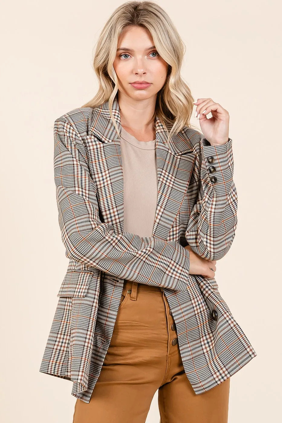 Mittoshop Plaid Double Breasted Relaxed Fit Blazer OutfitFlow