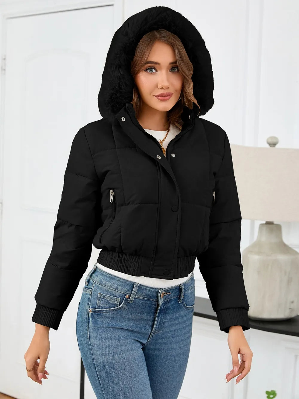 Pocketed Long Sleeve Cropped Hooded Winter Coat OutfitFlow