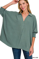 Zenana Airflow Collar Tee with Smocked Sleeve Band Top OutfitFlow