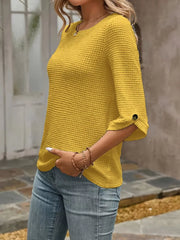 Waffle-Knit Round Neck Knit Top OutfitFlow