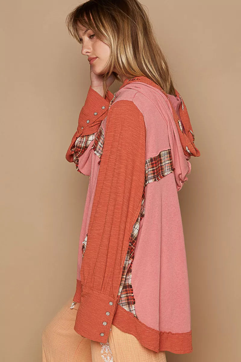 POL Oversized Drawstring Long Sleeve Hoodie with Plaid Detail Trendsi