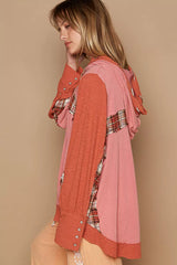POL Oversized Drawstring Long Sleeve Hoodie with Plaid Detail Trendsi