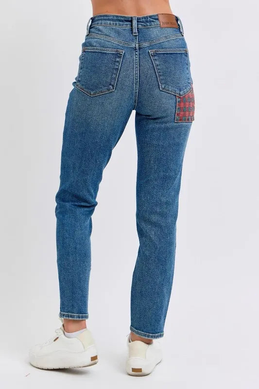 Judy Blue Full Size HW Plaid Patch Slim Fit Jeans Plus Size OutfitFlow