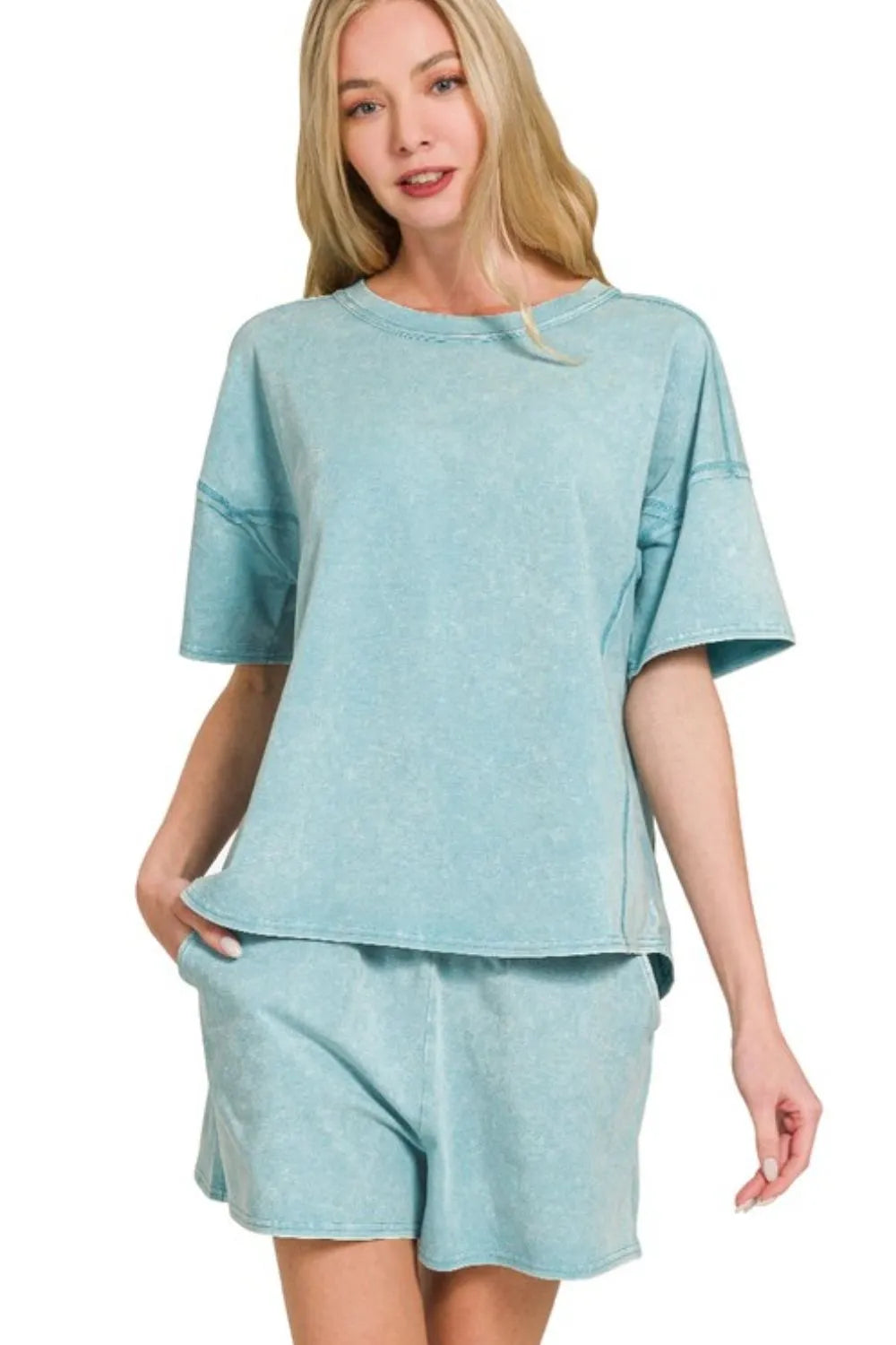 Zenana Acid Washed Short Sleeve Tee & Shorts Set DUSTY TEAL OutfitFlow