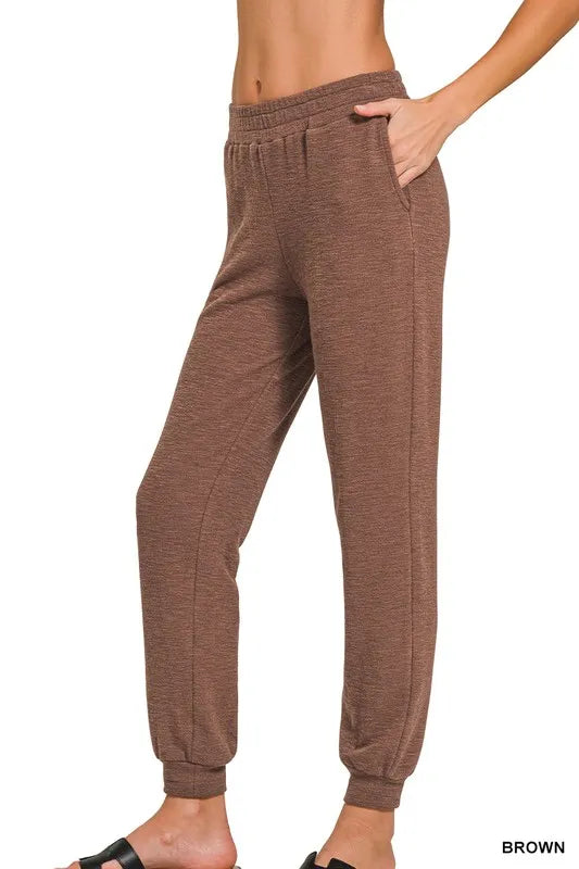 Zenana Cotton Slub Jogger Pants BROWN OutfitFlow