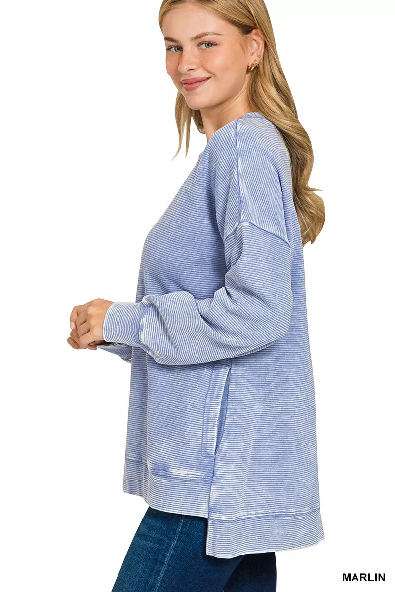 Zenana Full Size Acid Washed Double Ribbed Hi-low Sweatshirt Plus Size OutfitFlow