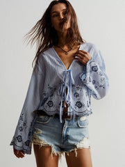 Floral Embroidered Tie-Front Blouse OutfitFlow