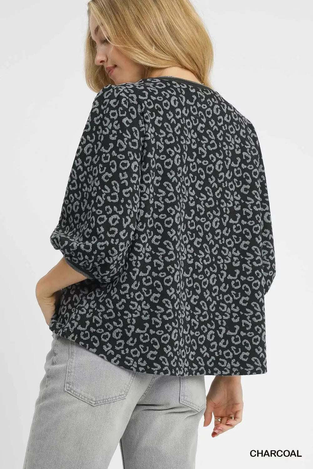 Umgee Leopard Print Jacquard Blouse with Puff Sleeves OutfitFlow
