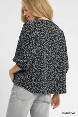 Umgee Leopard Print Jacquard Blouse with Puff Sleeves OutfitFlow