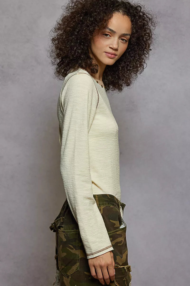 POL Round Neck Long Sleeve Contrast Stitching T-Shirt with Stud Detail OutfitFlow