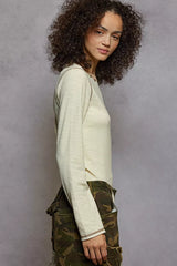 POL Round Neck Long Sleeve Contrast Stitching T-Shirt with Stud Detail OutfitFlow