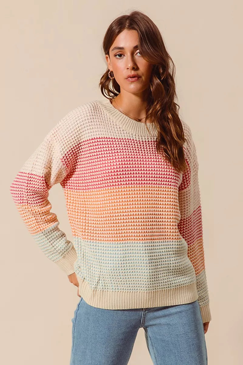 SO ME Multi Color Block Long Sleeve Sweater OATMEAL COMBO OutfitFlow