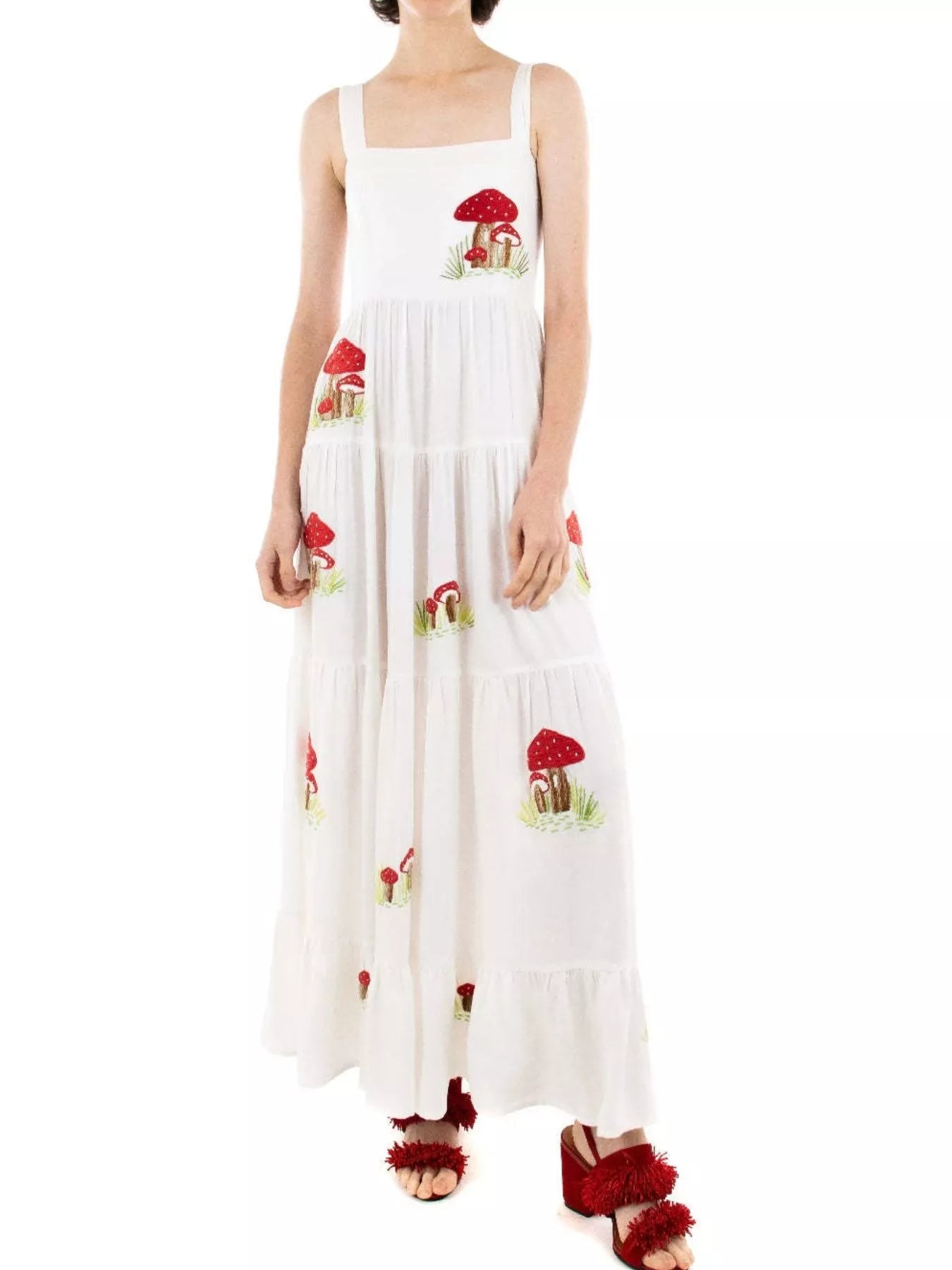Embroidered Square Neck Tiered Maxi Cami Dress Mushroom OutfitFlow