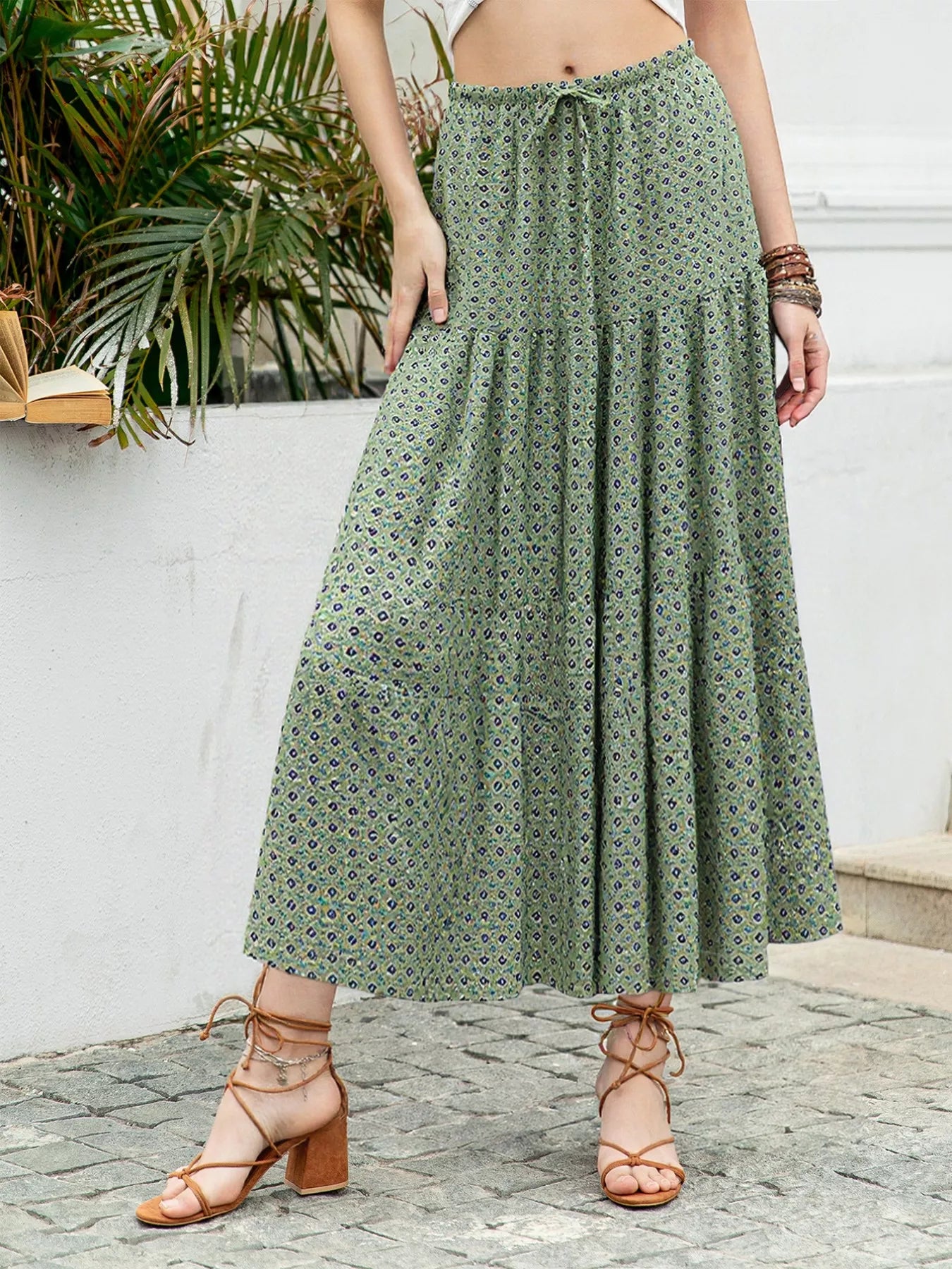 Boho Print Tiered Maxi Skirt OutfitFlow