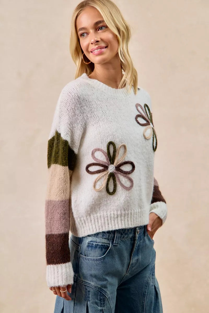 BiBi Flower Color Block Sweater OutfitFlow