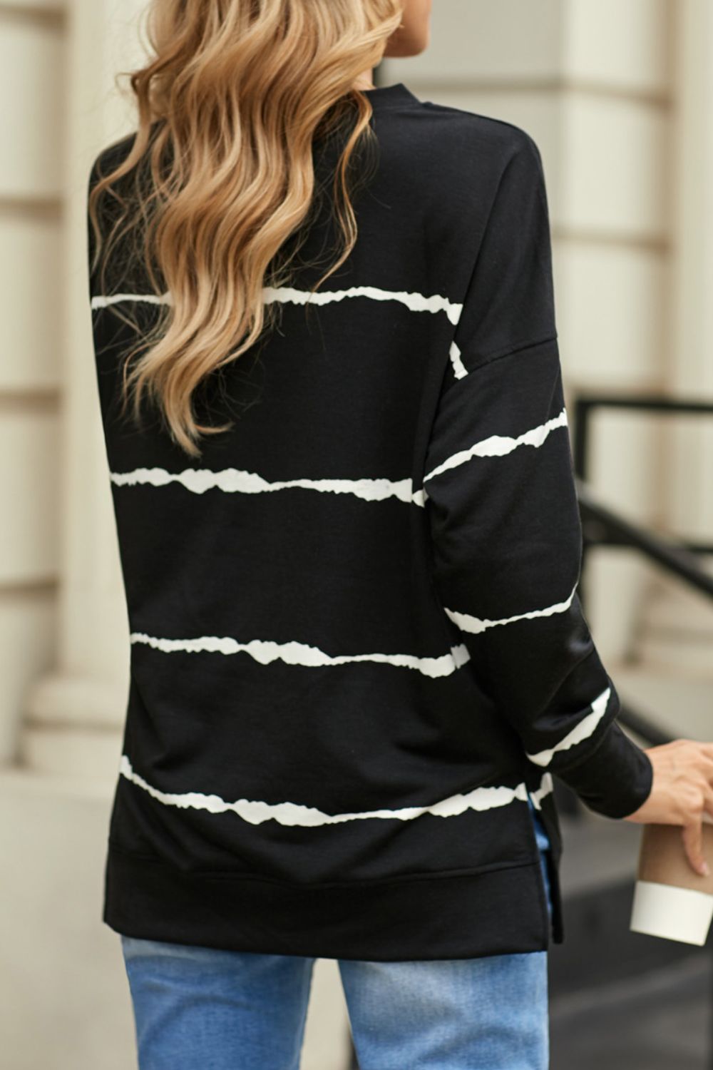 Slit Contrast Striped Round Neck Long Sleeve T-Shirt