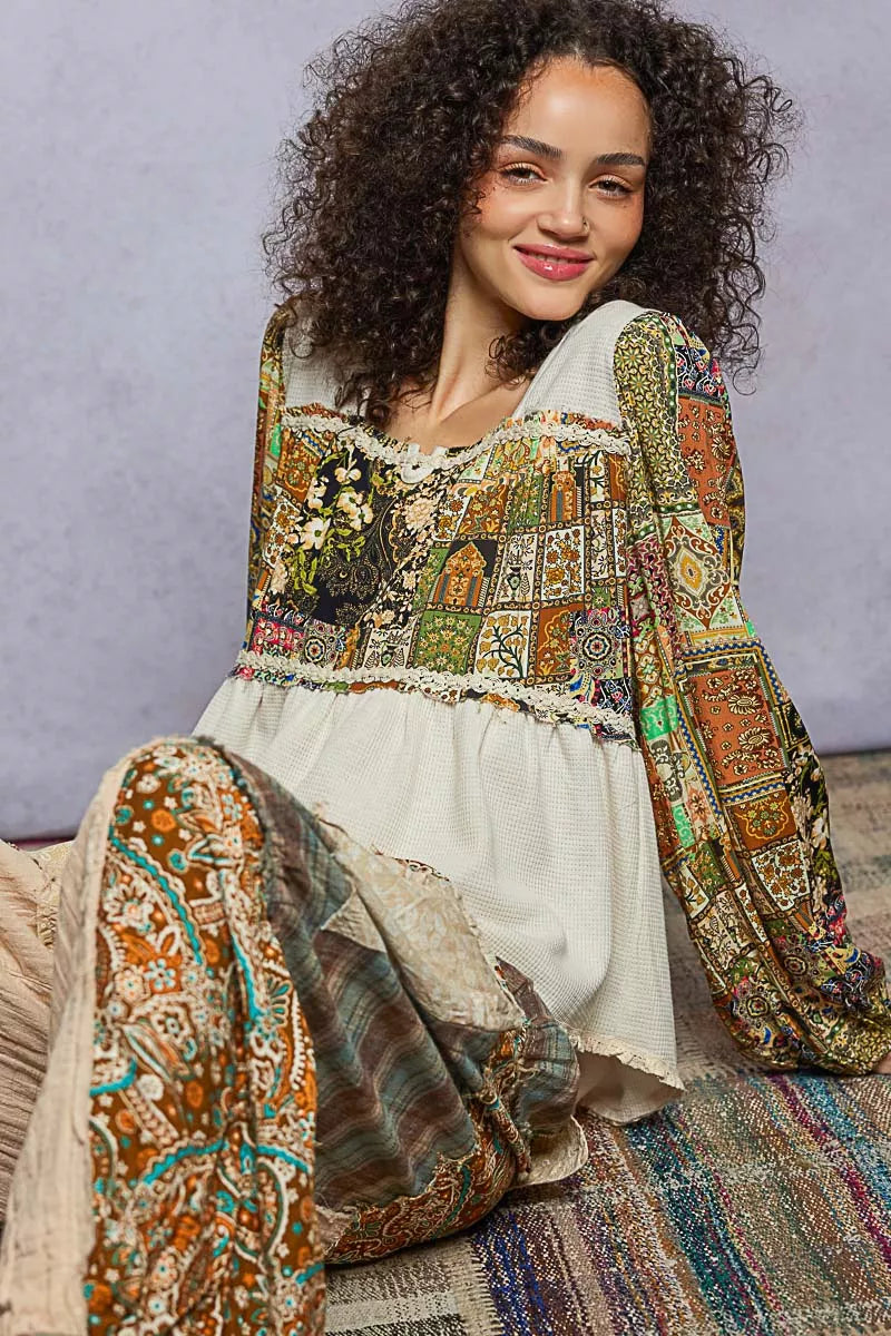 POL Balloon Sleeve Peplum Blouse with Trim Detail OutfitFlow