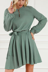 Outfit Flow - Round Neck Long Sleeve Tie Waist Dress