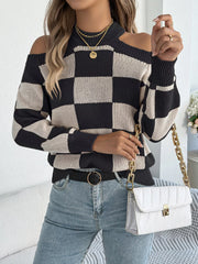 Cold Shoulder Checkered Long Sleeve Sweater OutfitFlow
