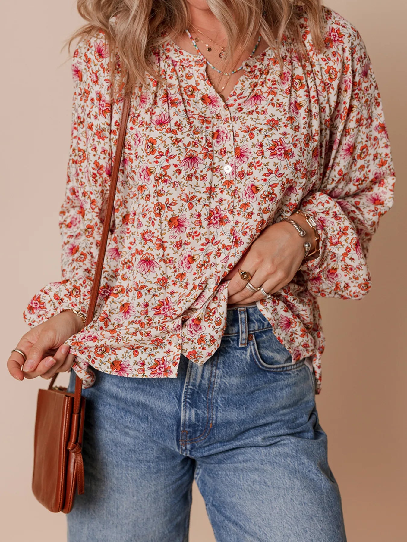 Floral Long Sleeve Button Down Blouse OutfitFlow